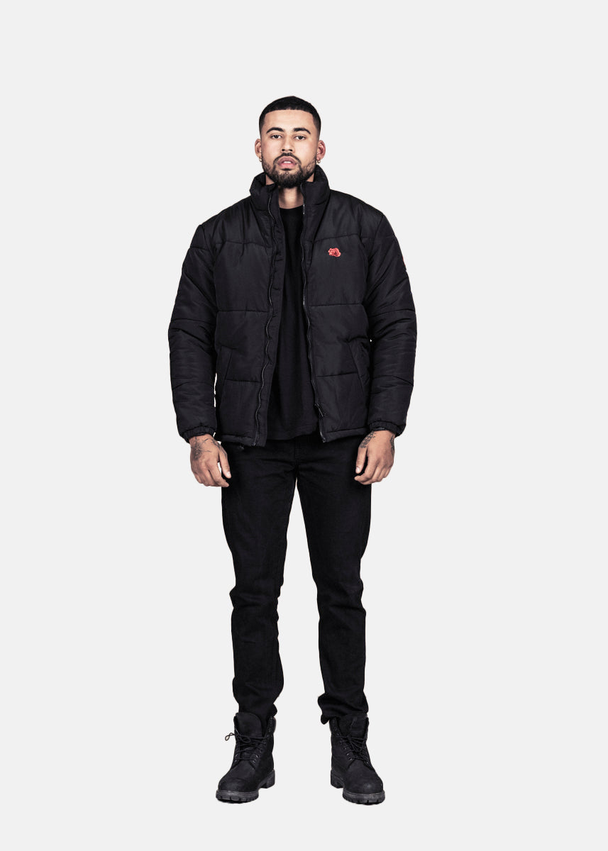 TRIPLE ROSE PUFFER JACKET - BLACK