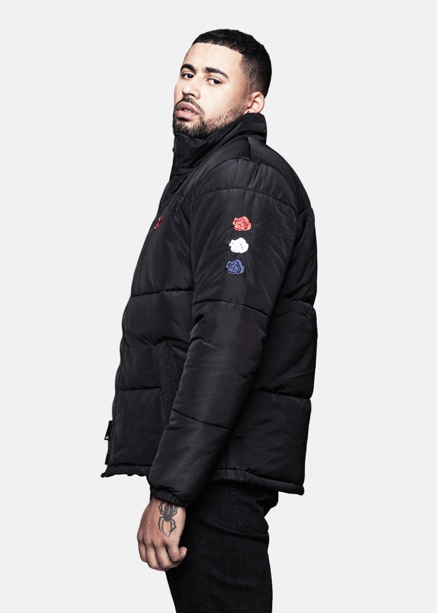 TRIPLE ROSE PUFFER JACKET - BLACK