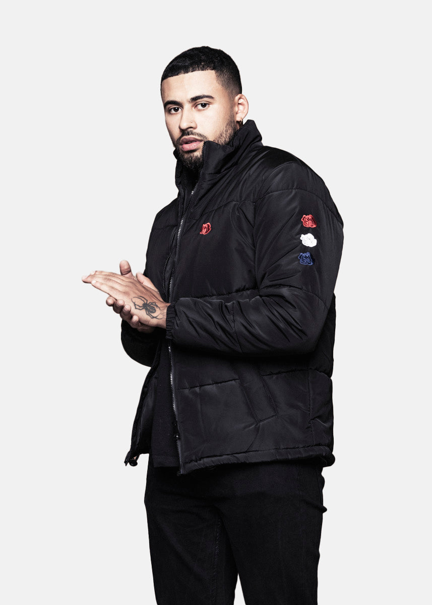 TRIPLE ROSE PUFFER JACKET - BLACK