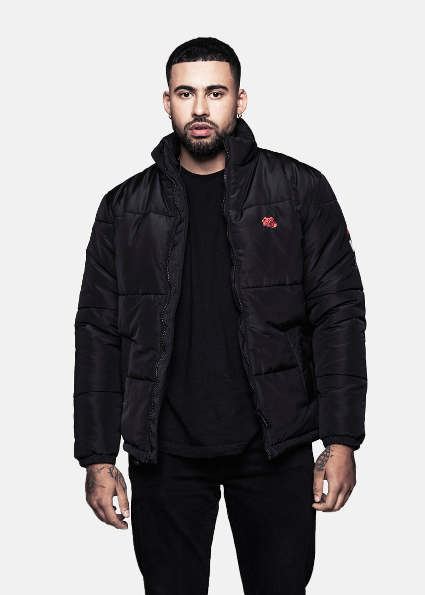 TRIPLE ROSE PUFFER JACKET - BLACK