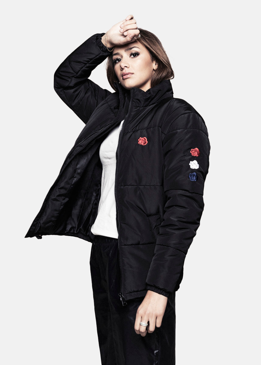 TRIPLE ROSE PUFFER JACKET - BLACK