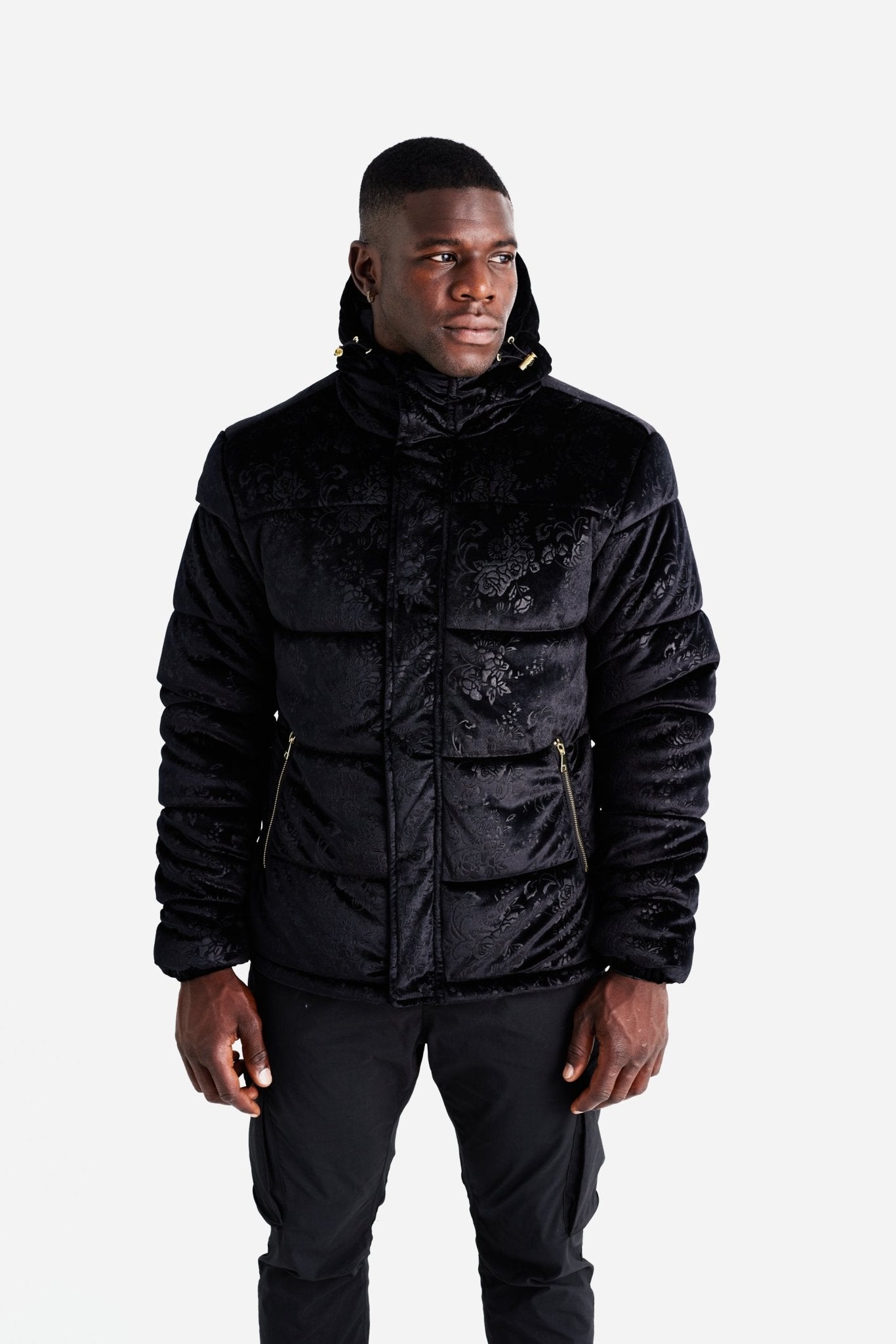DOWN JACKET - All Black Velvet Pattern - LA ROSA