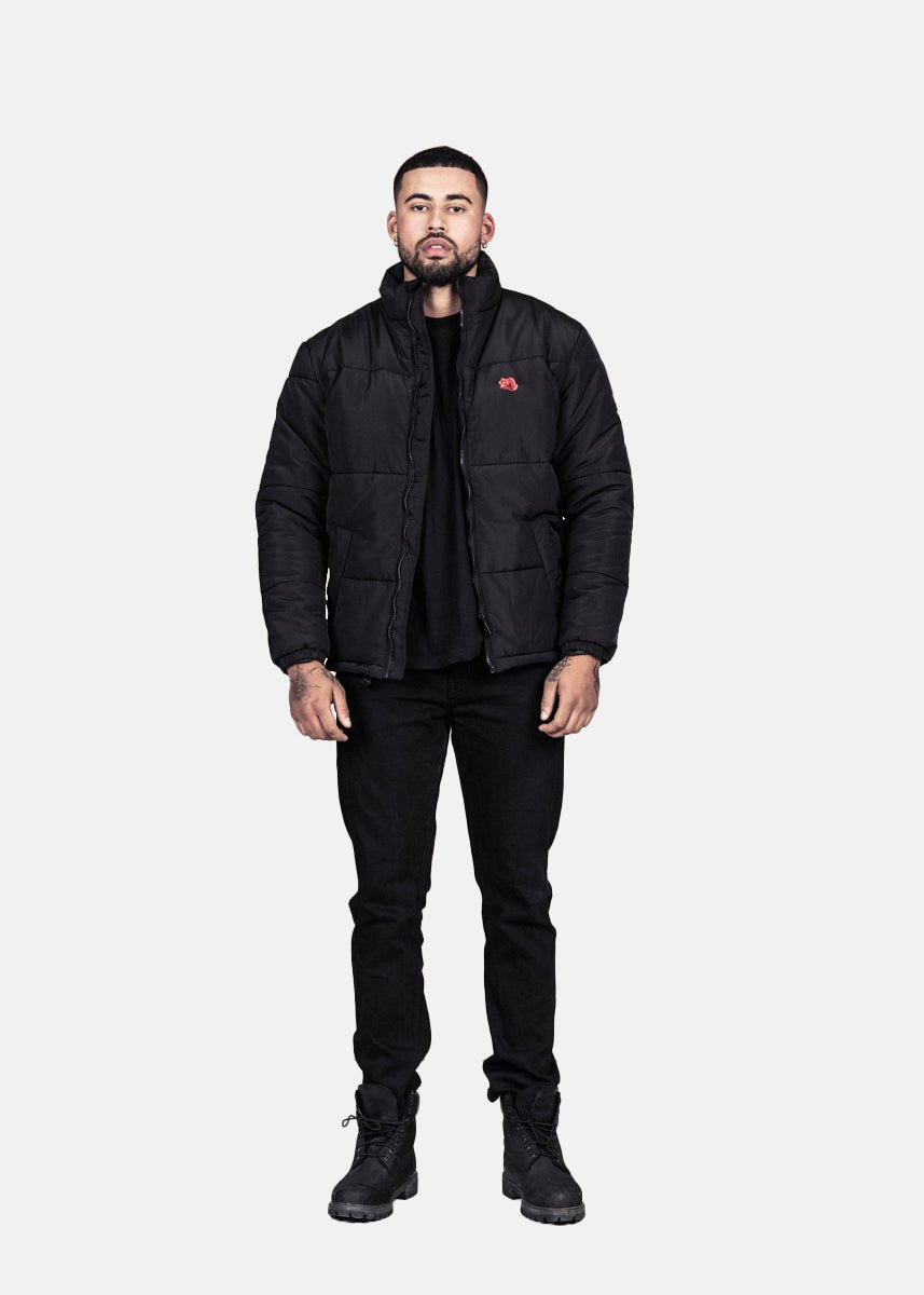 TRIPLE ROSE PUFFER JACKET - BLACK - LA ROSA