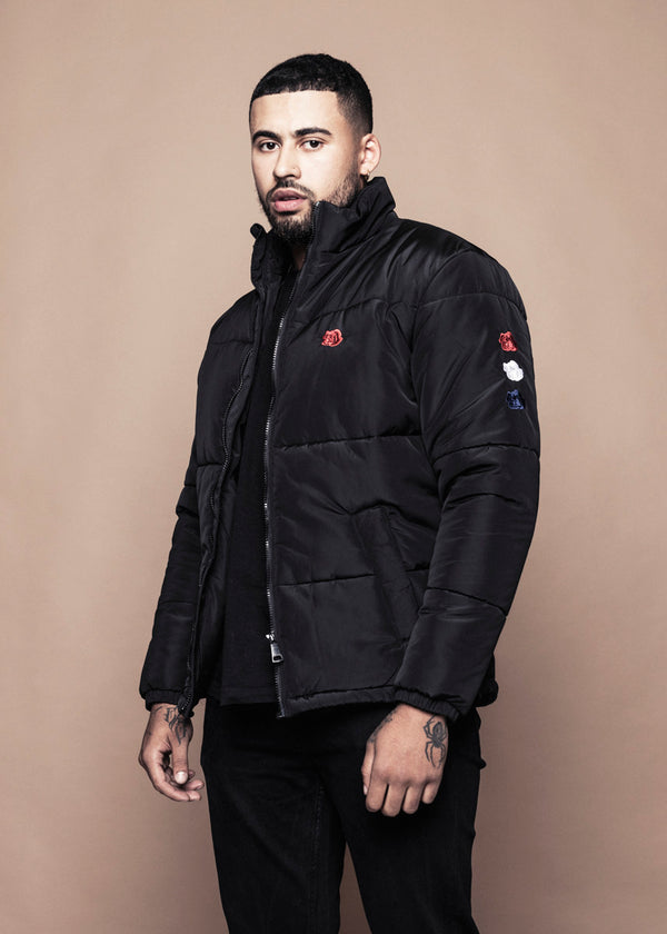 TRIPLE ROSE PUFFER JACKET - BLACK