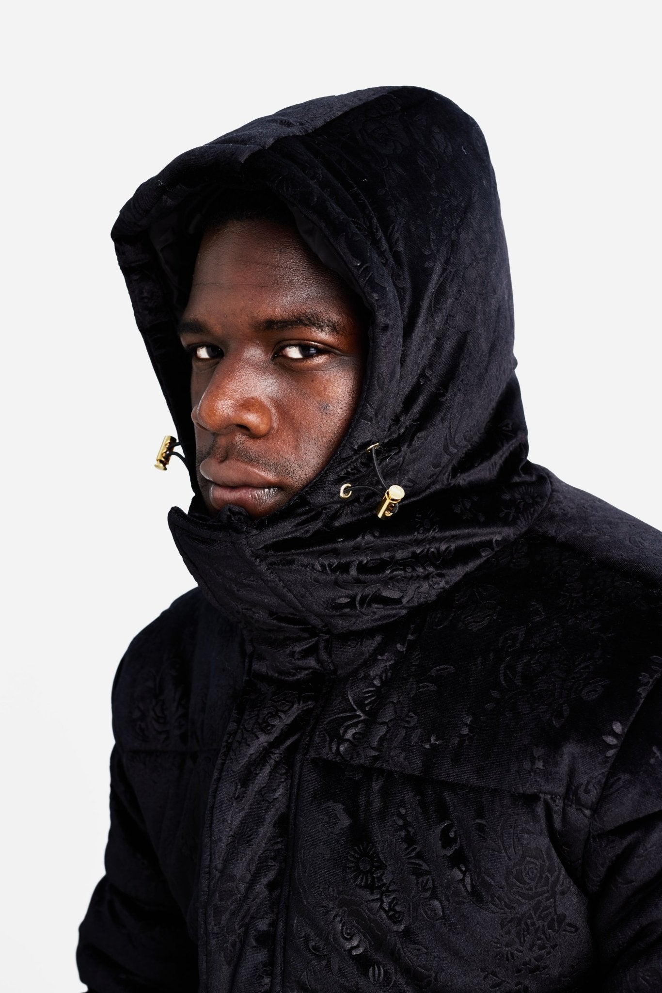 DOWN JACKET - All Black Velvet Pattern - LA ROSA